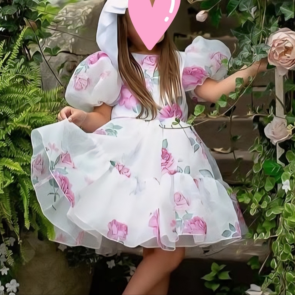 Floral Puff Sleeve Dress with Pink Roses